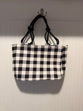 Black & White Buffalo Check Tote Bag with Knotted Straps